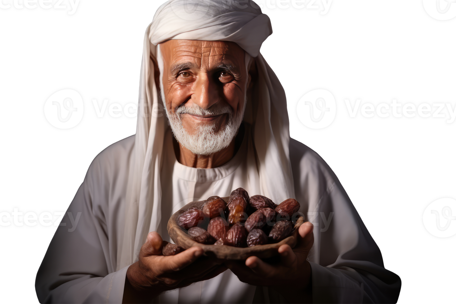 Isolated Mature Arabic Man Holding Bowl of Dates Created Character By . png