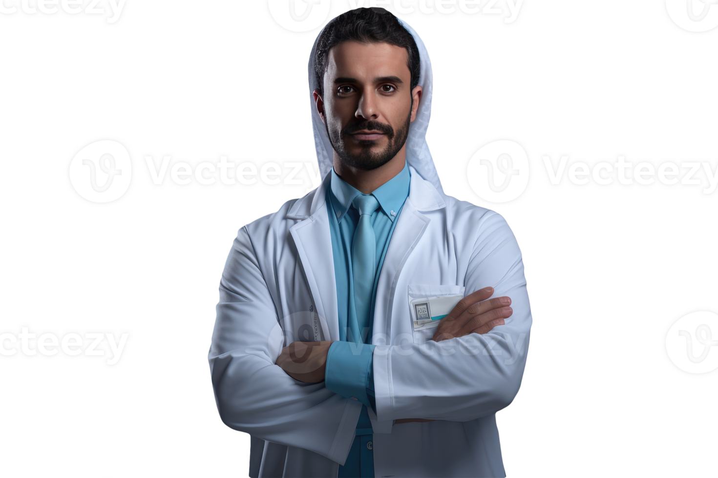 Isolated Young Arabic Male Doctor with Arms Crossed and Wearing Headscarf. . png