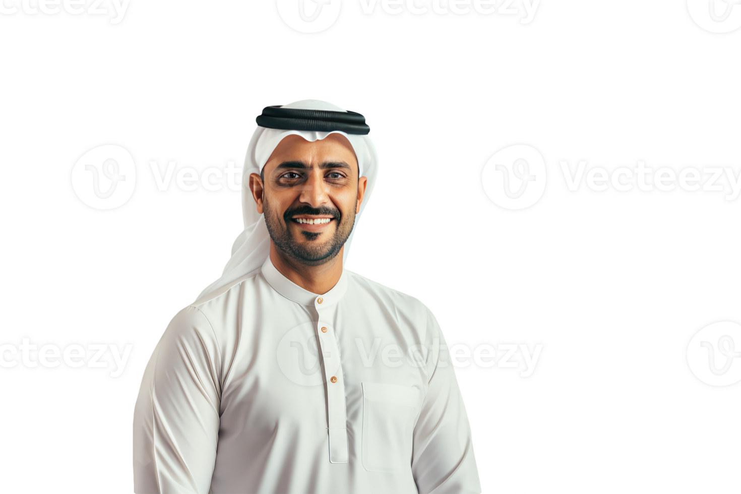 Closeup Portrait of Smiling Beared Man Wearing White Thobe and Gutra Created By Character . png