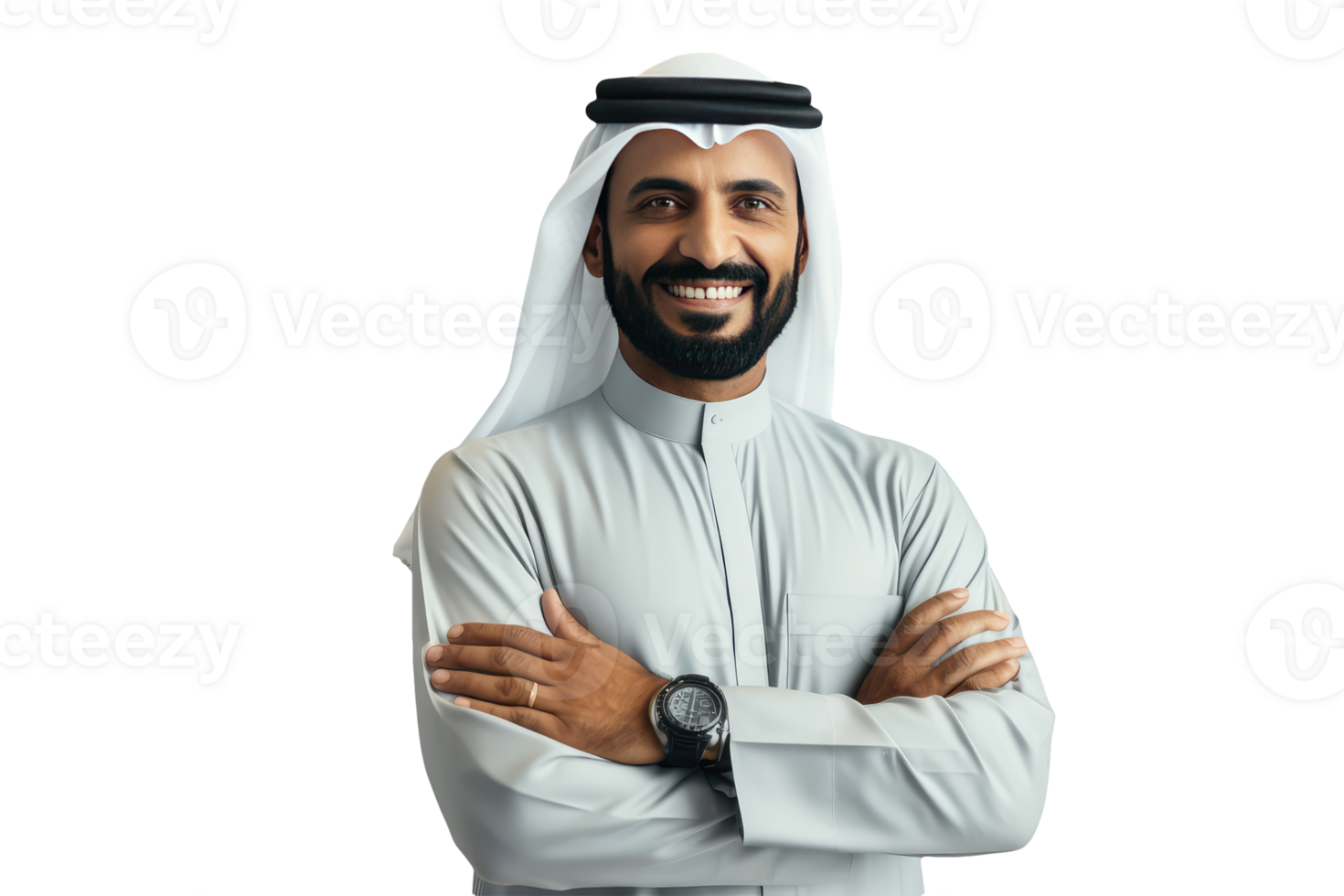Isolated Handsome Sheikh Portrait with Arm Crossed and Wearing Watch Created By Charcter AI. png