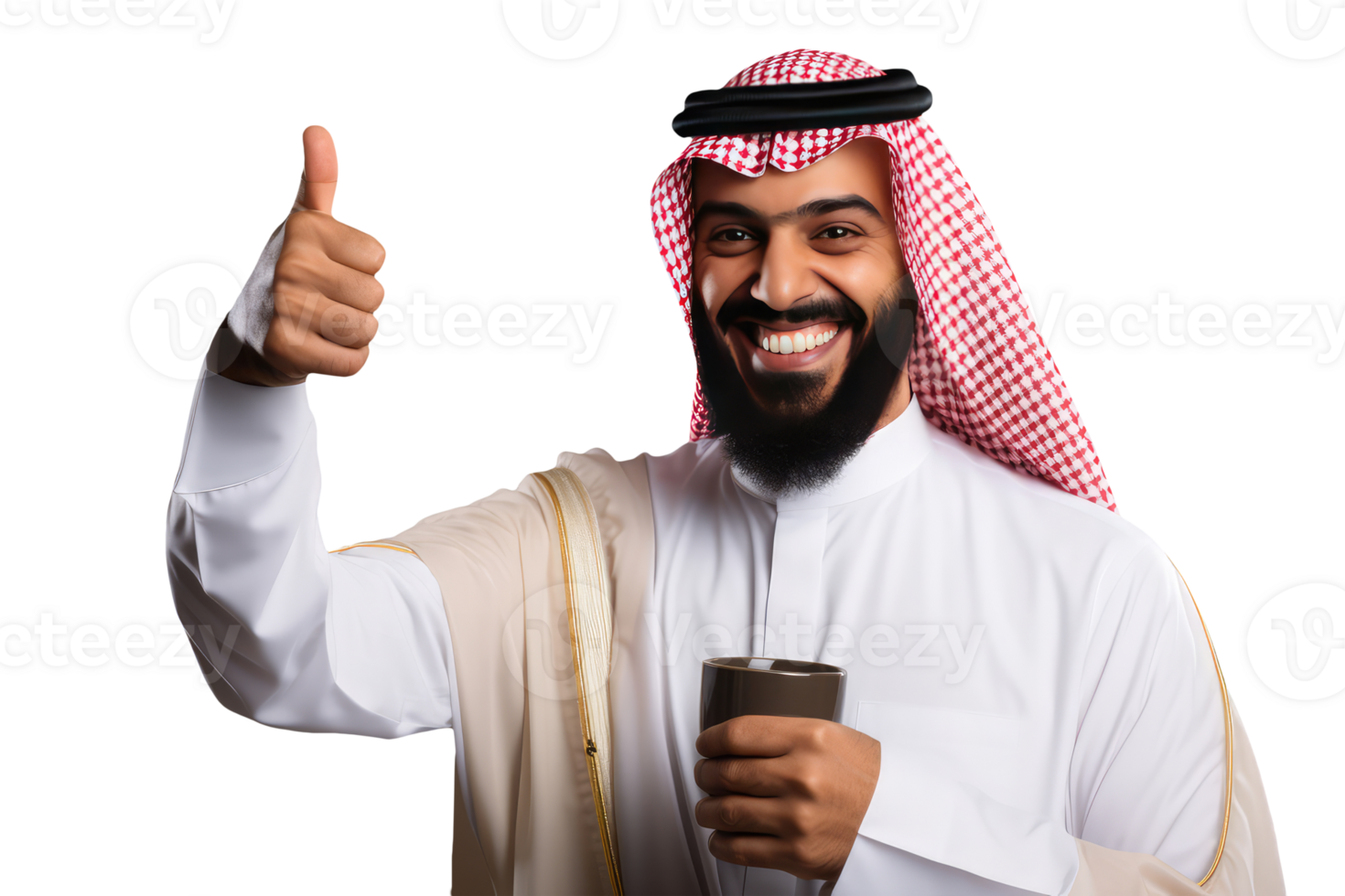 Happy Sheikh Portrait Giving Thumb Up and Holding Cup of Tea or Coffee. . png