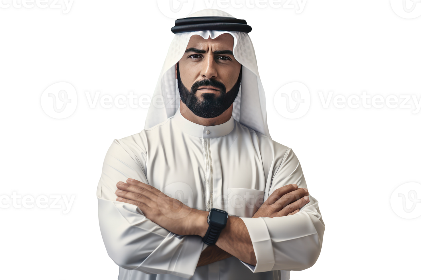 Isolated Handsome Sheikh Portrait with Arm Crossed Created By Charcter AI. png