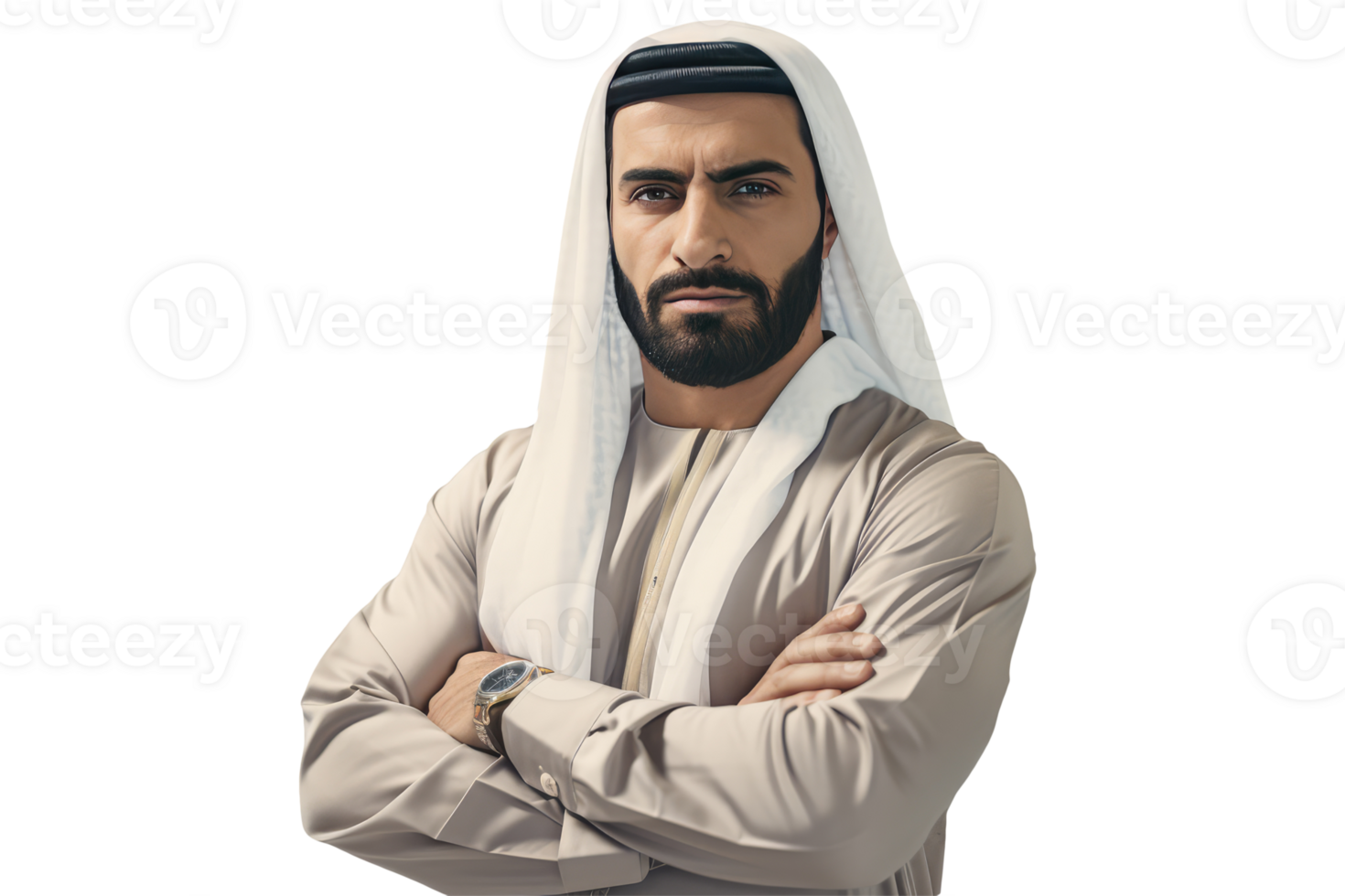 Isolated Handsome Sheikh Portrait with Arm Crossed Created By Charcter AI. png