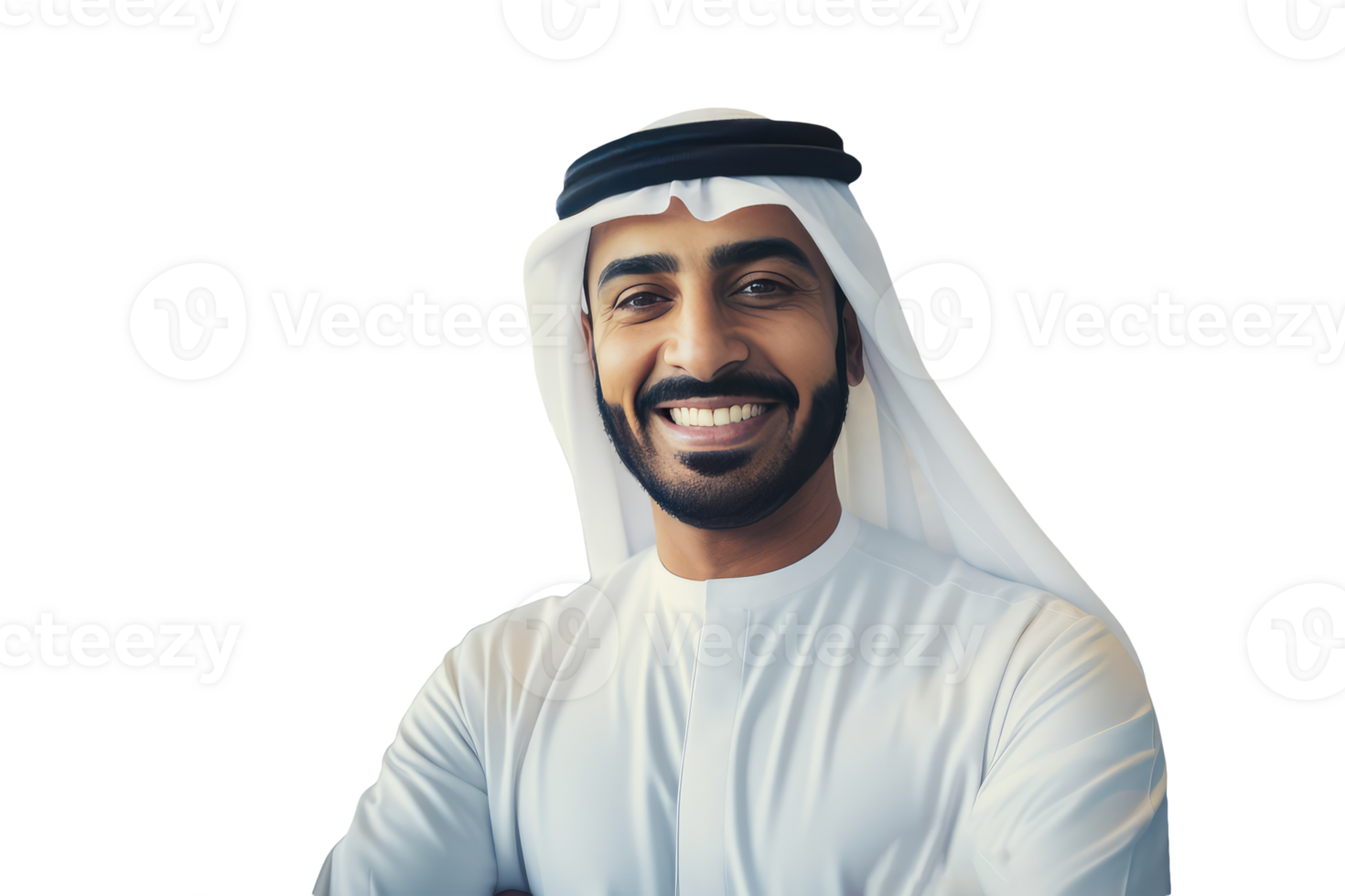 Closeup Portrait of Smiling Beared Man Wearing White Thobe and Gutra Created By Character . png