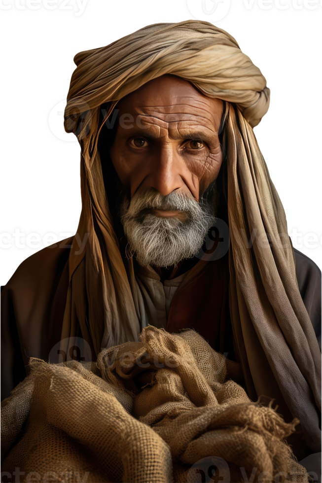 Isolated Old Arabic Man Holding Sack and Wearing Turban. . png