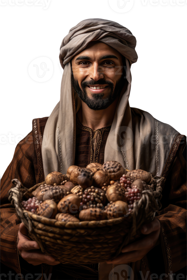 Isolated Mature Arabic Man Holding Dry Fruits Basket Created Character By . png