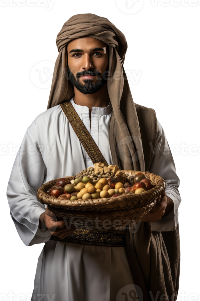 Isolated Mature Arabic Man Holding Dry Fruits Basket Created Character By . png