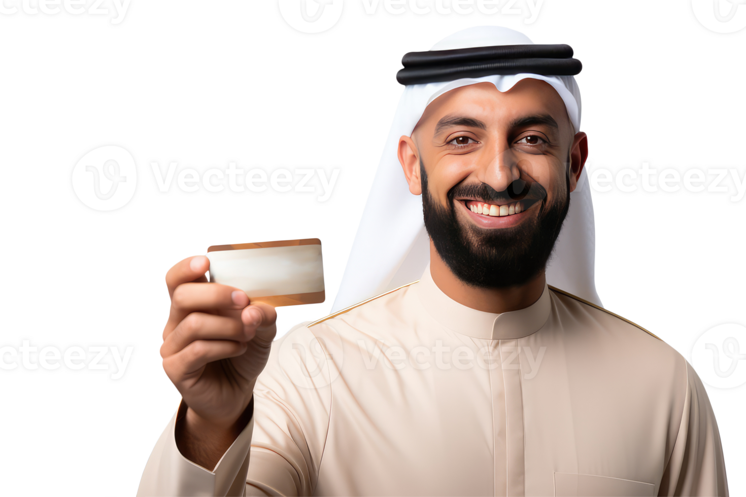 Close up of Business Portrait Arab Man Holding Blank Card with Copyspace. A Fictional Character Created By . png