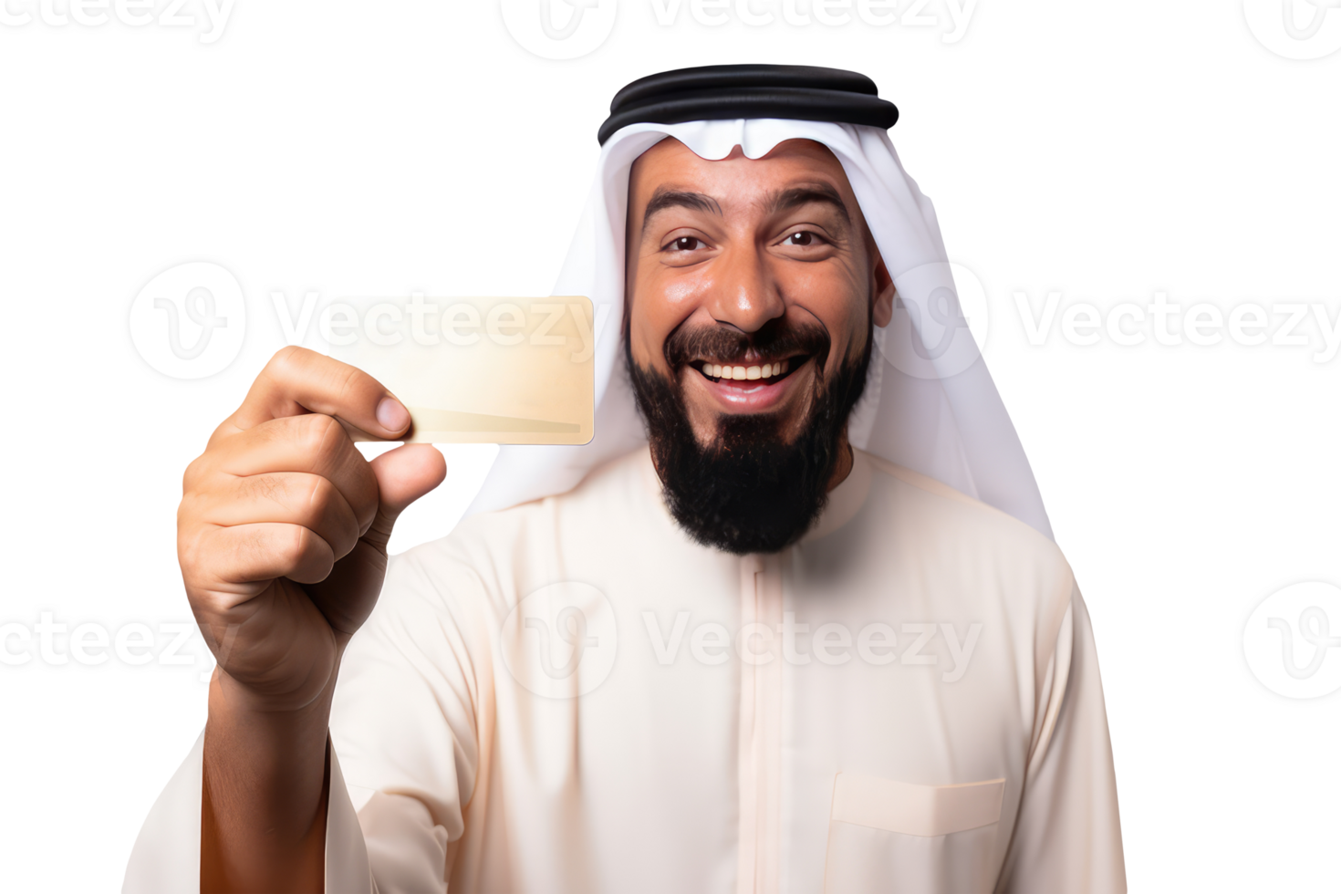 Close up of Business Portrait Arab Man Holding Blank Card with Copyspace. A Fictional Character Created By . png