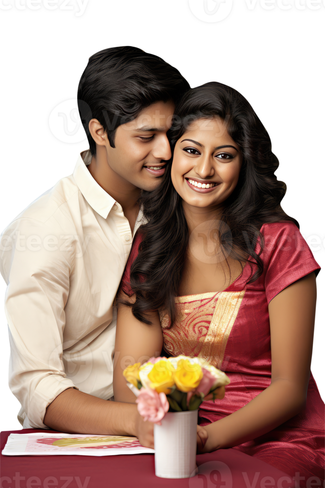 A Embracing Young Couple Sitting a Table with Flower and Card, Created By . png