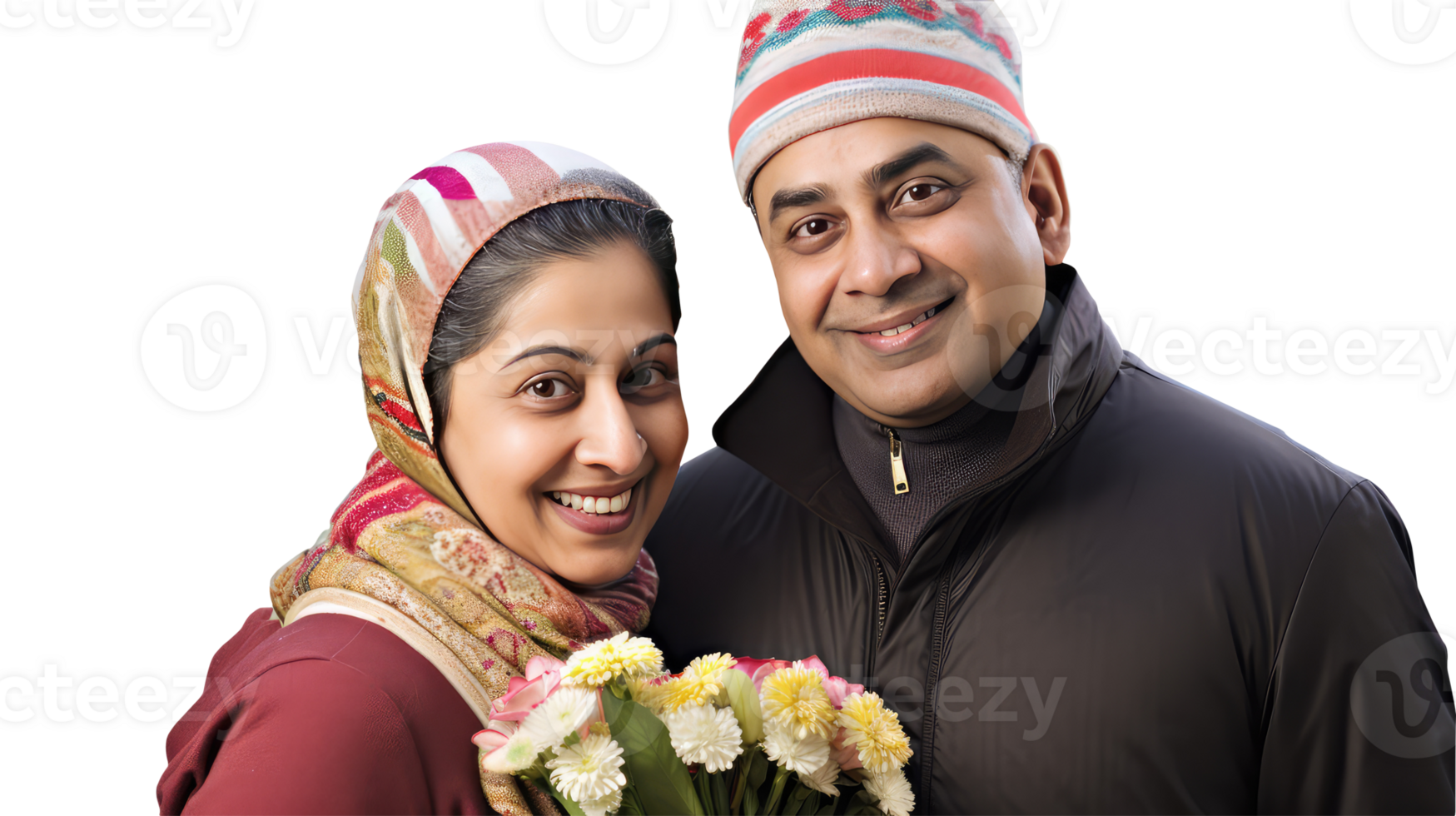 A Cute Middle Age Indian Couple Together Holding Flowers, Created By . png
