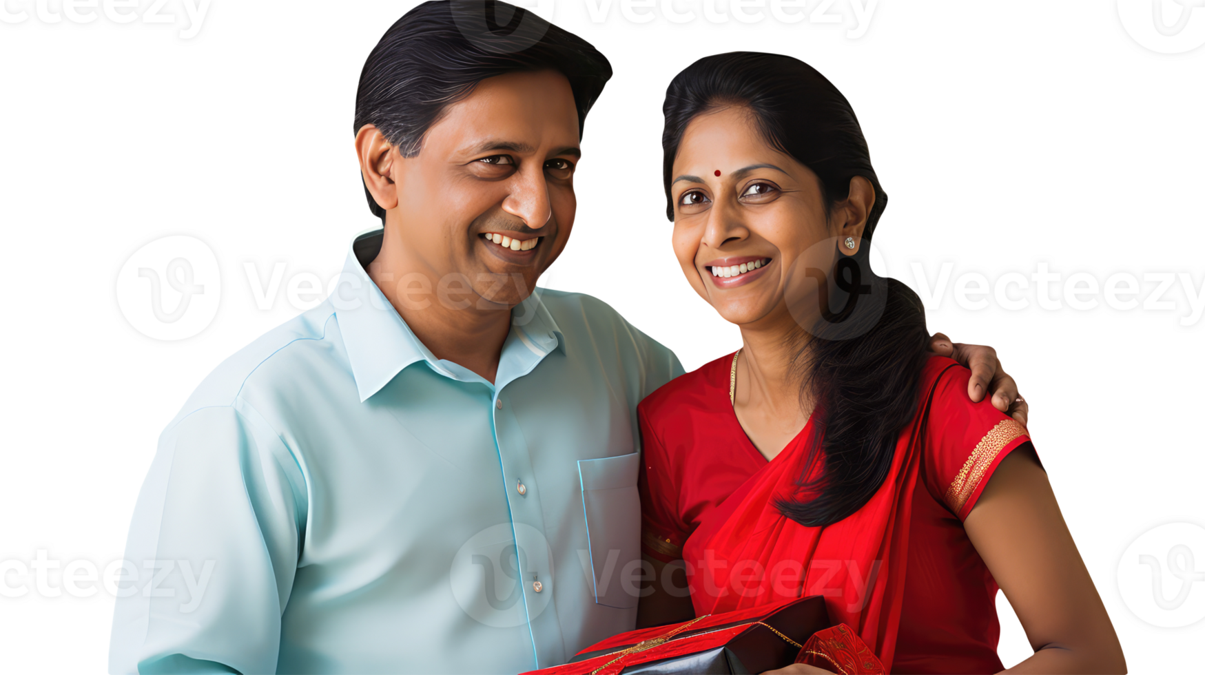 Happy Middle Age Indian Couple Together Holding a Box of Gift, Created By . png