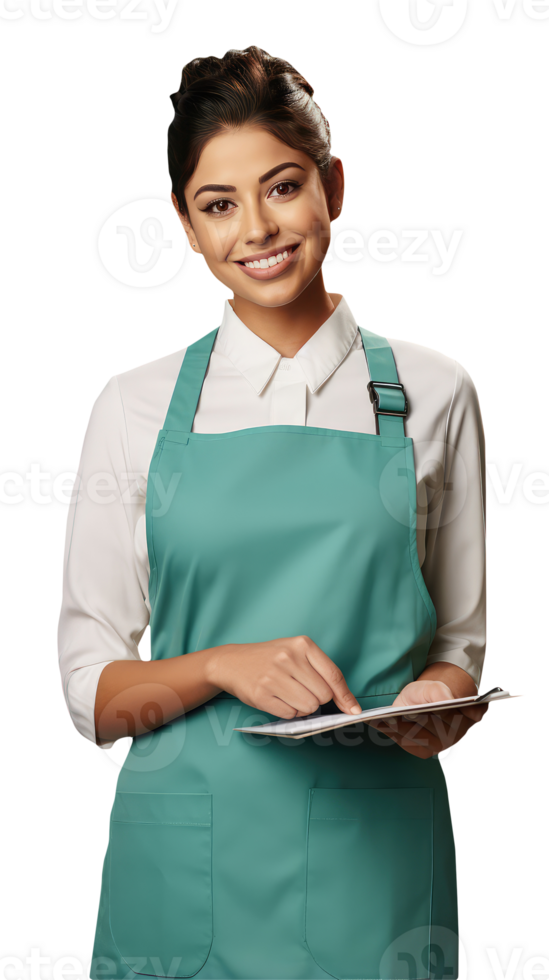 Charming Cheerful Cheery Young Woman Wearing Uniform as Shirt with Apron. A Fictitious Character Created By . png