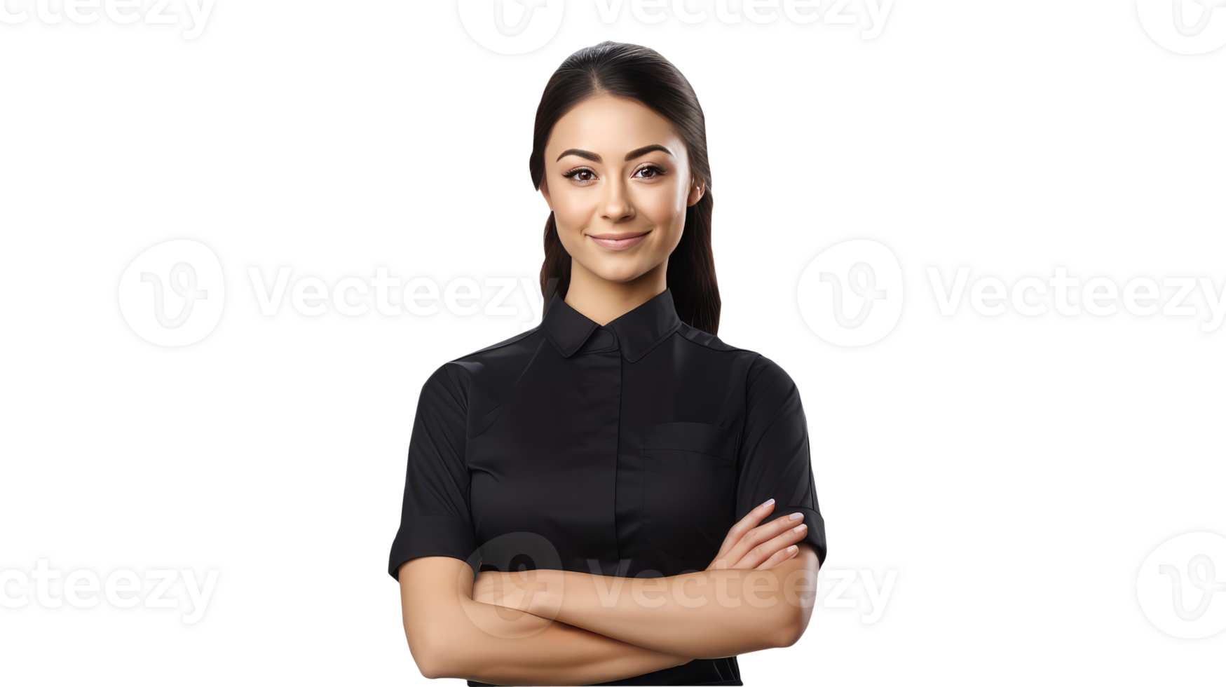 Beautiful Young Female Looks Camera with Crossed Hands. A Fictitious Character Created By . png