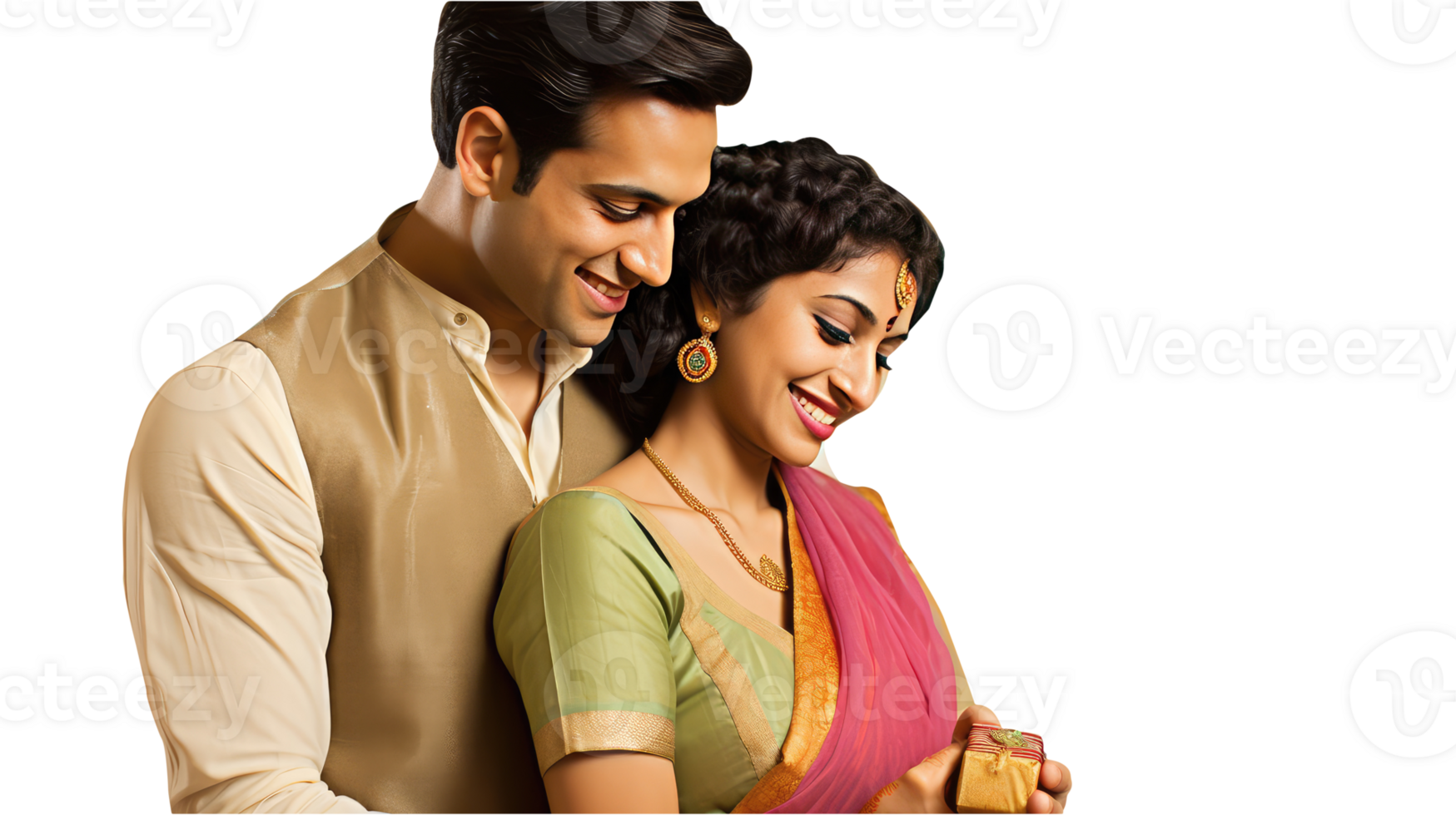 Lovely Indian Couple Embracing Each Other and Holding a Box of Gift, Created By , png