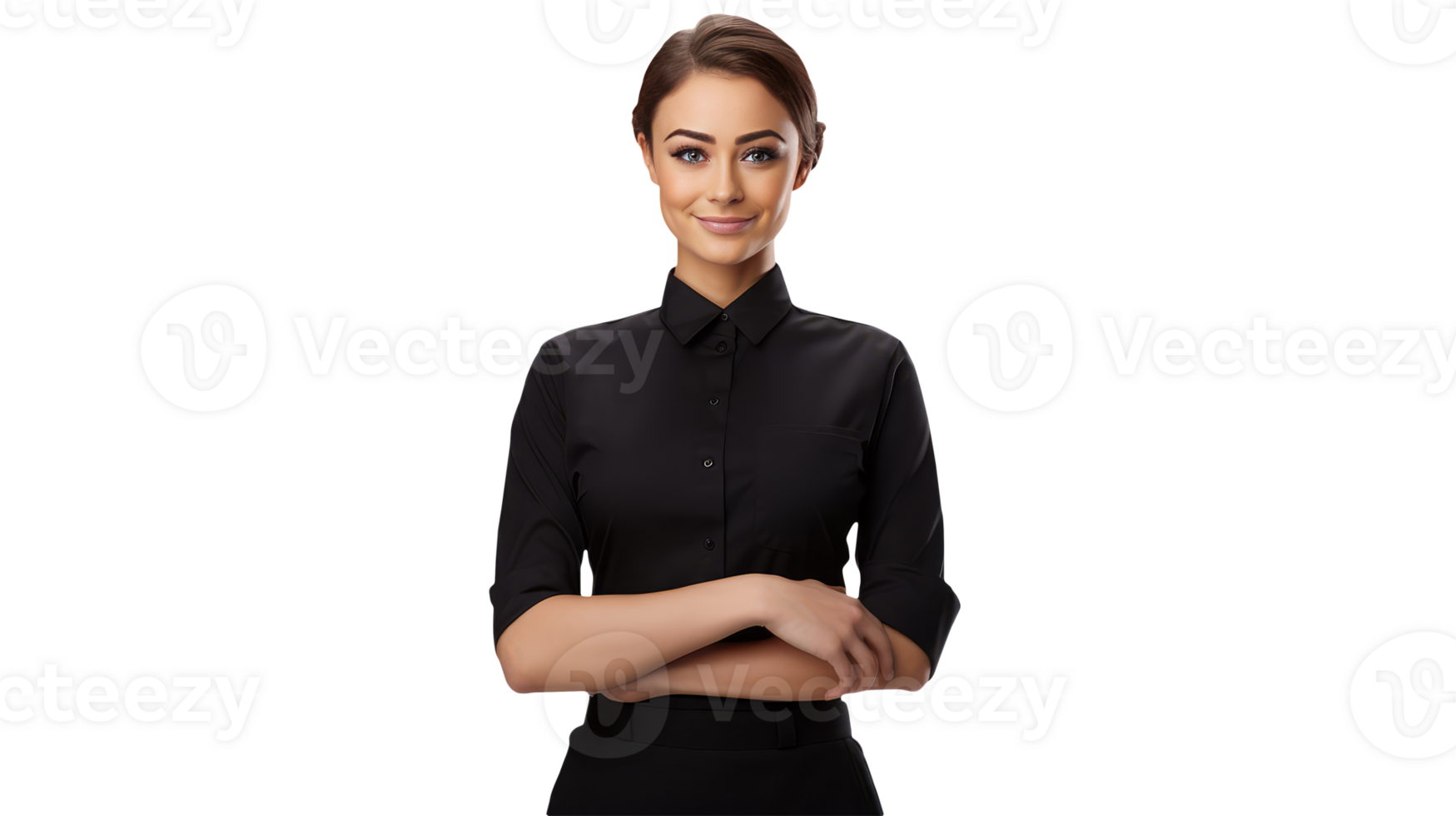 Beautiful Young Female Looks Camera with Crossed Hands. A Fictitious Character Created By . png