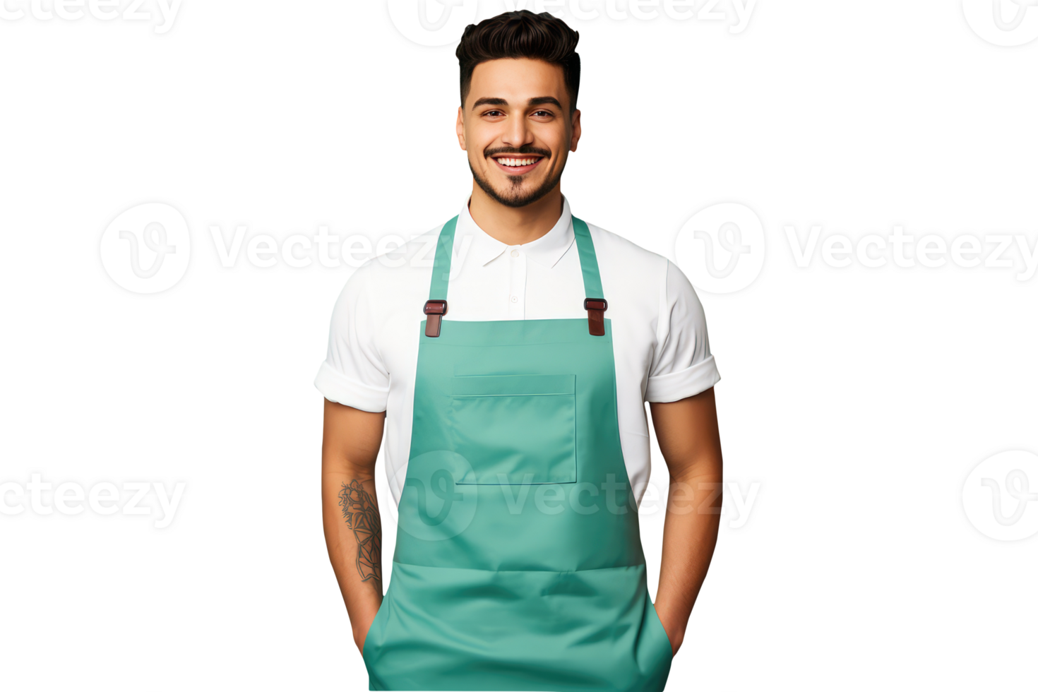 Charming Cheerful Cheery Young Man Wearing Uniform as Shirt with Apron. A Fictitious Character Created By . png