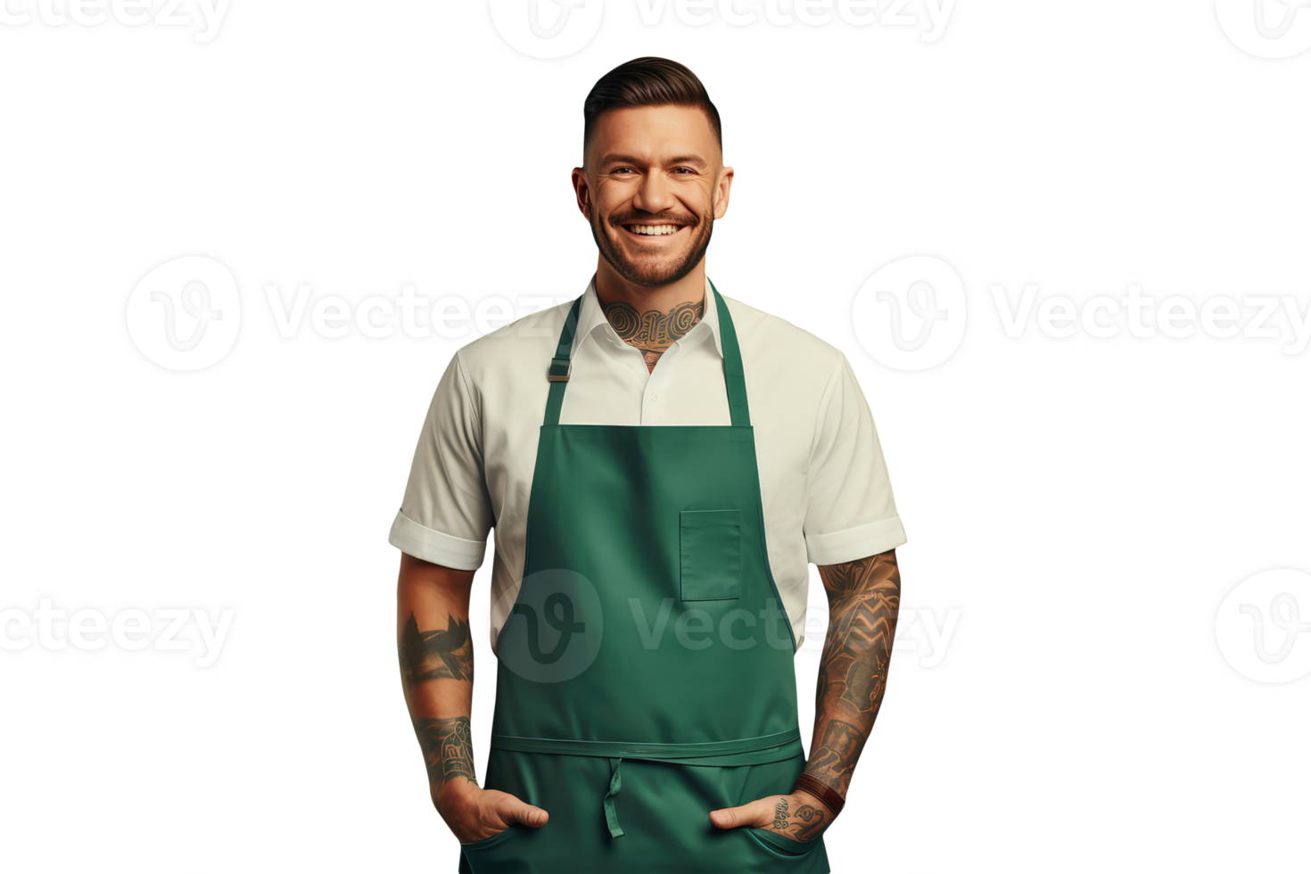Charming Cheerful Cheery Young Man Wearing Uniform as Shirt with Apron. A Fictitious Character Created By . png