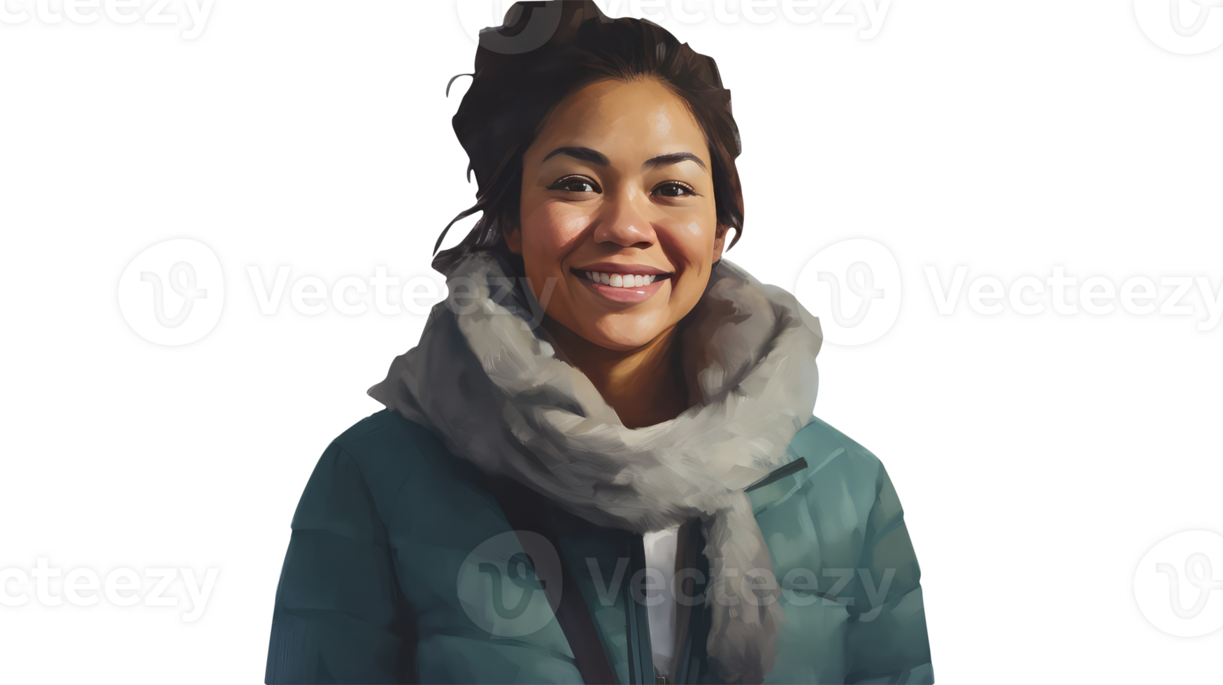 Cheerful Asian Woman Wearing Grey and Leute Jacket. A Fictitious Character Created By . png