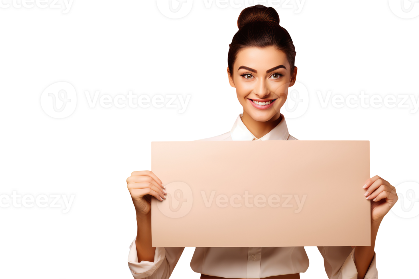 Cute Smile on Young Woman Face and Holding Empty Placard for Your Insert Message. A Fictitious Character Created By . png