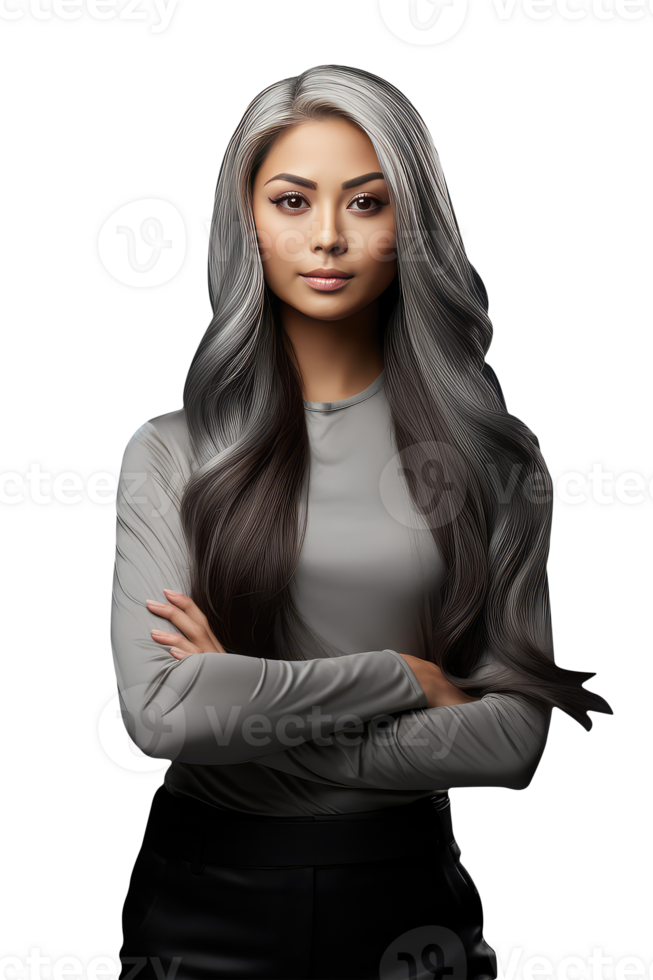 Beautiful Female Standing without Emotions with Crossed Hands Over All in Grey Color. A Fictitious Character Created By . png