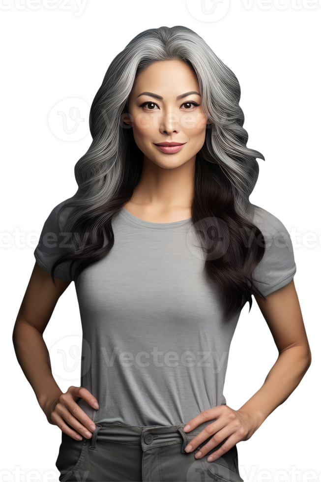 Beautiful Asian Female Standing without Emotions with Crossed Hands Over All in Grey Color. A Fictitious Character Created By . png