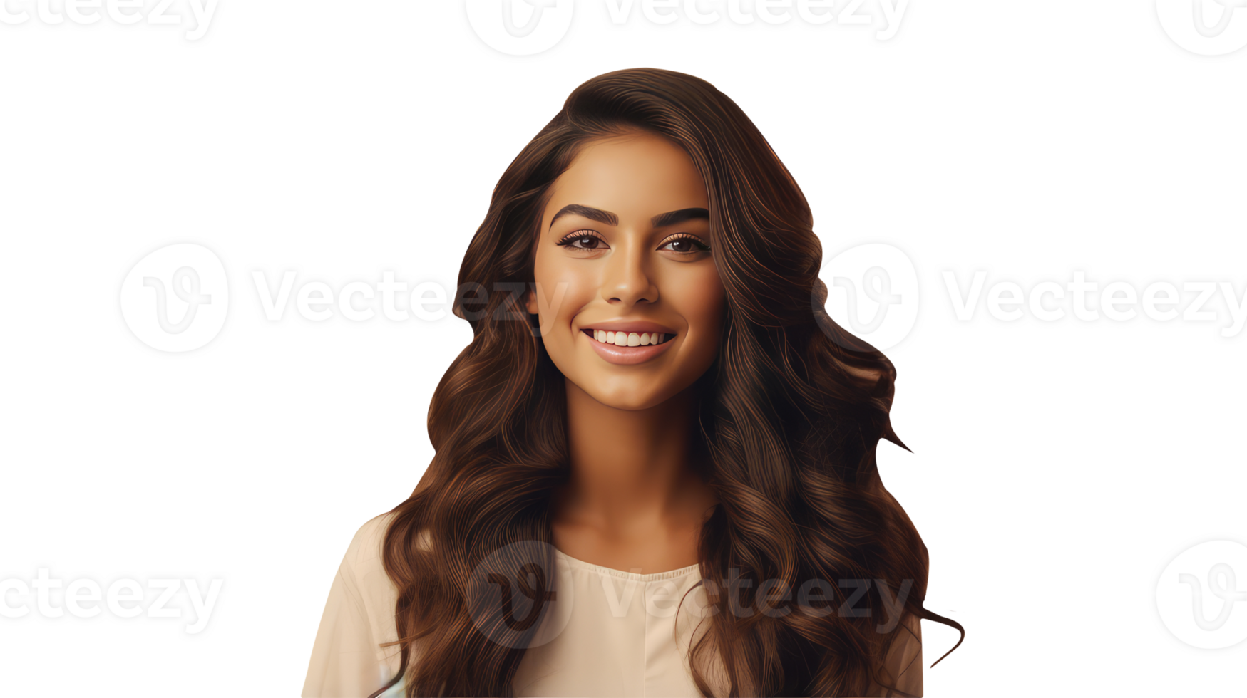Side View of Bright Toothy Brunette Woman with Smile on Face and Brown Open Hair. A Fictitious Character Created By . png