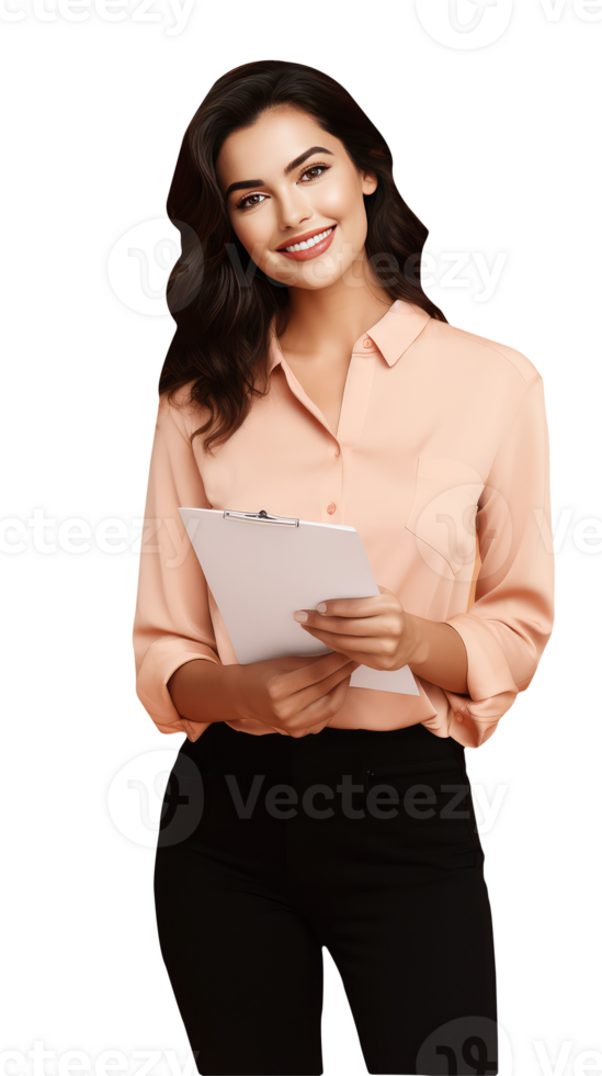 Cute Smiling Young Woman Holding Notepad, Pen in Beige Shirt. A Fictitious Character Created By . png