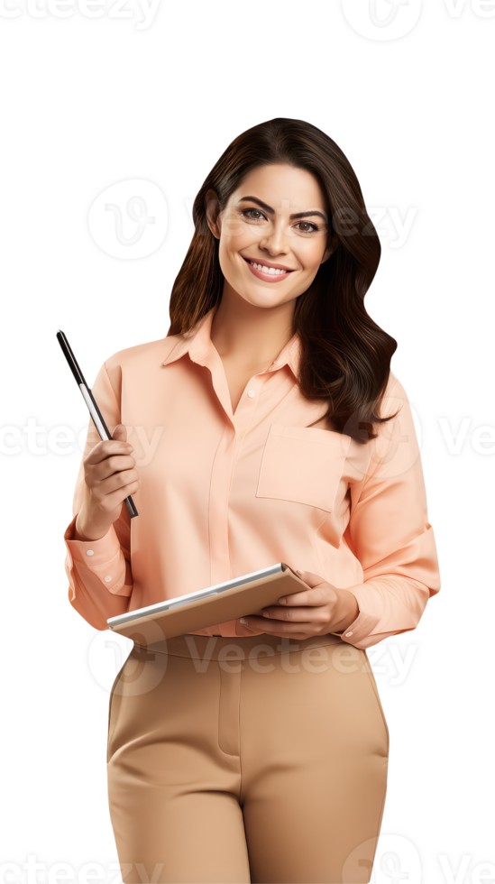 Cute Smiling Young Woman Holding Notepad, Pen. A Fictitious Character Created By . png