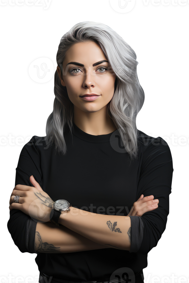 Beautiful Young Female Looks Camera without Emotions with Crossed Hands. A Fictitious Character Created By . png