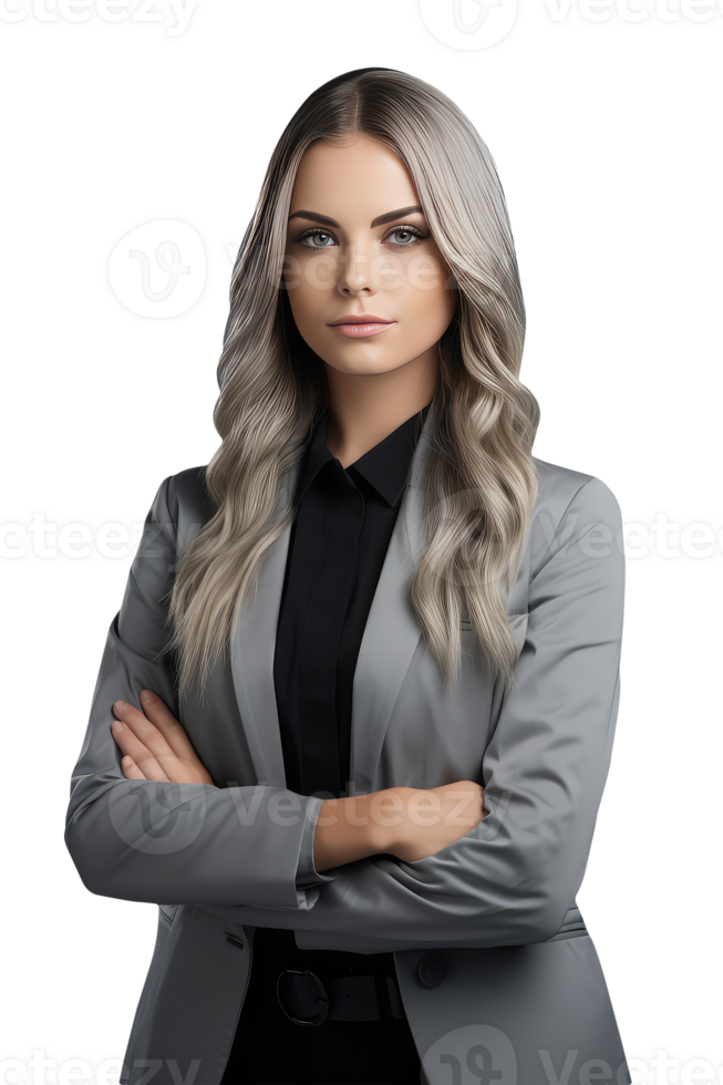 Beautiful Young Businesswoman Looks Camera without Emotions with Crossed Hands and Grey Hair. A Fictitious Character Created By . png