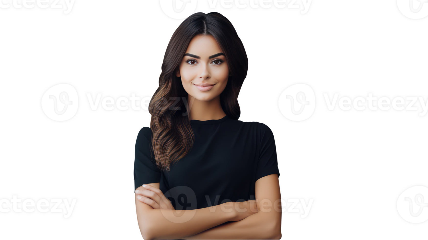Beautiful Young Female Looks Camera without Emotions with Crossed Hands. A Fictitious Character Created By . png