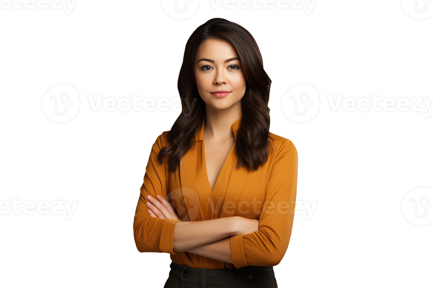 Beautiful Young Female Looks Camera without Emotions with Crossed Hands. A Fictitious Character Created By . png