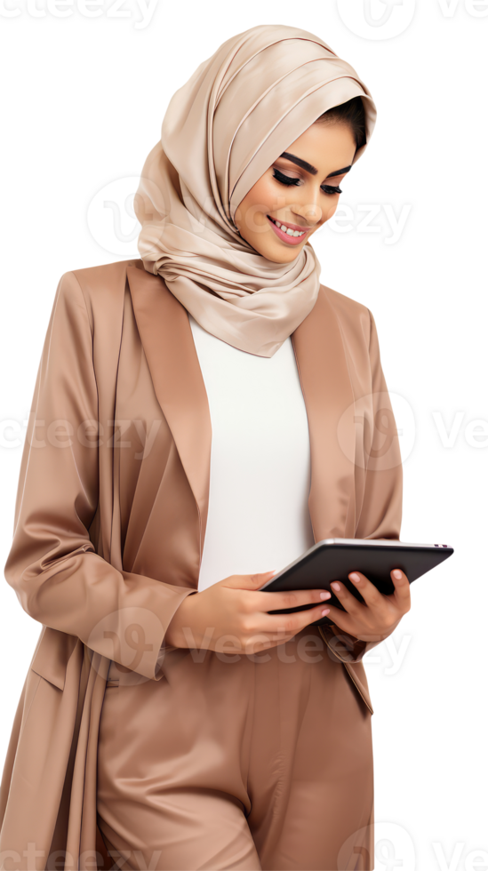 Smiling Young Arab Woman Using a Tablet in Standing Pose. . png