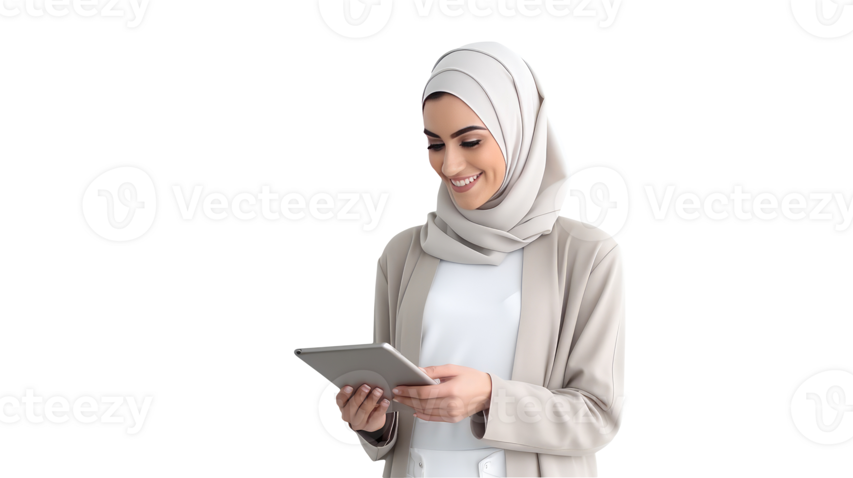 Smiling Young Arab Woman Using a Tablet in Standing Pose. . png