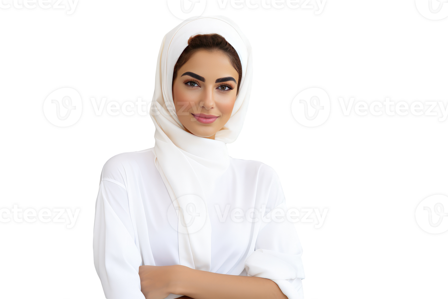 Closeup Image of Smiling Arab Young Woman in White Abaya. . png