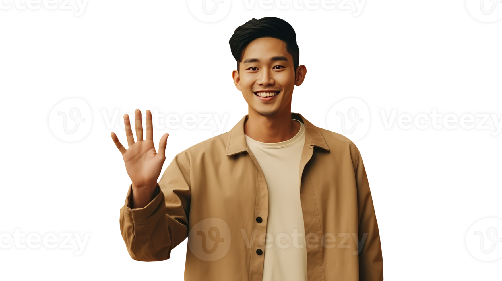 Closeup Image of Happy Asian Handsome Man Waving His Hand and Looking at Camera. . png