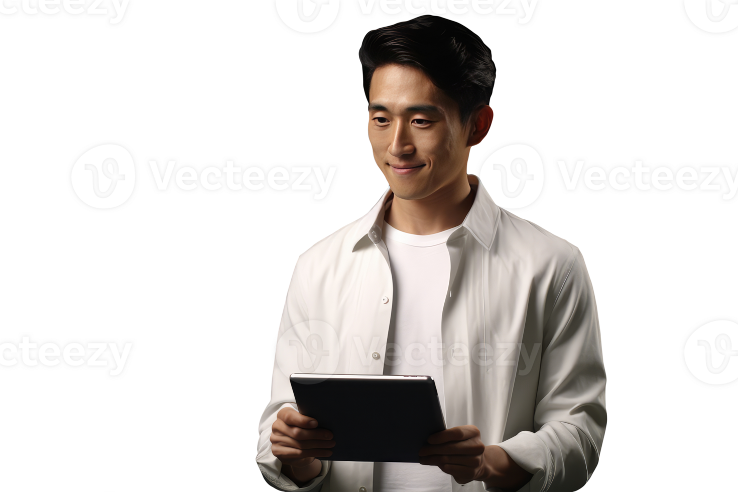 Closeup Image of Asian Young Man Using Tablet in White Shirt. . png