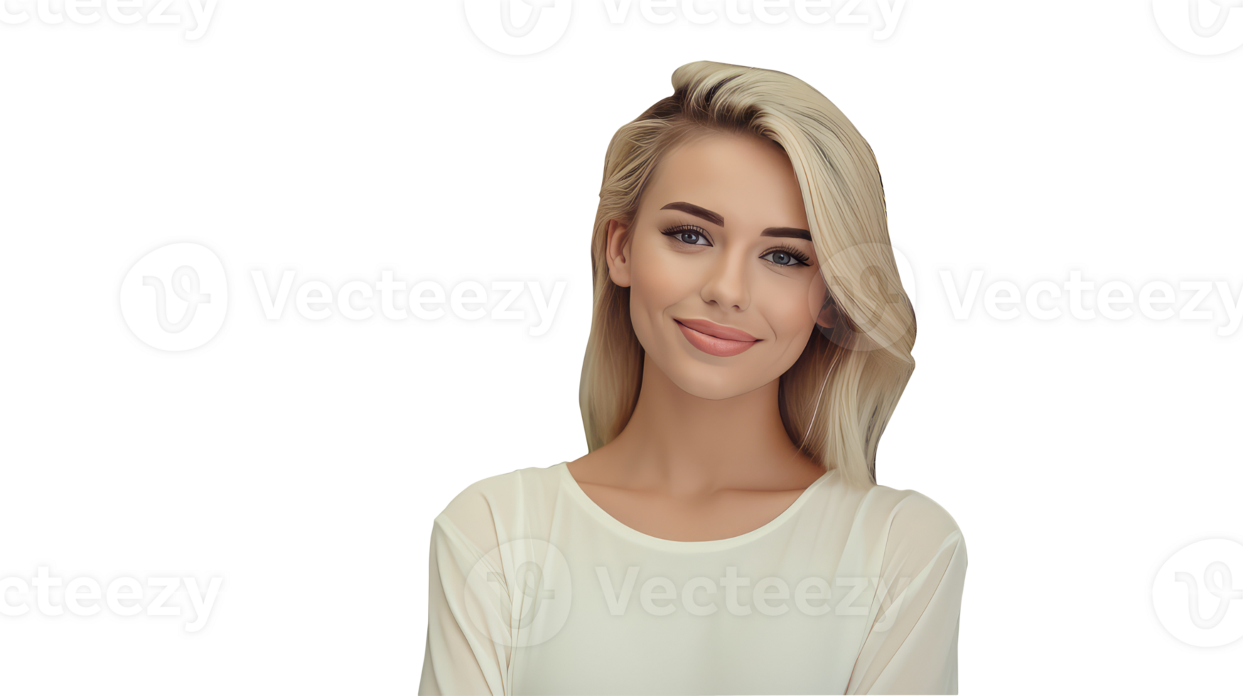 Smiling Young Woman Wearing White Shirt and Golden Hair, Grey Eyes. A Fictitious Character Created By . png