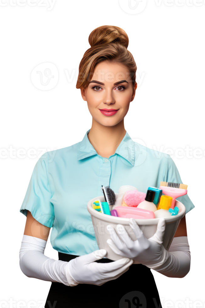 Beauty Specialist Female Holding a Bucket Full of Tools in Light Blue Shirt. A Fictitious Character Created By . png