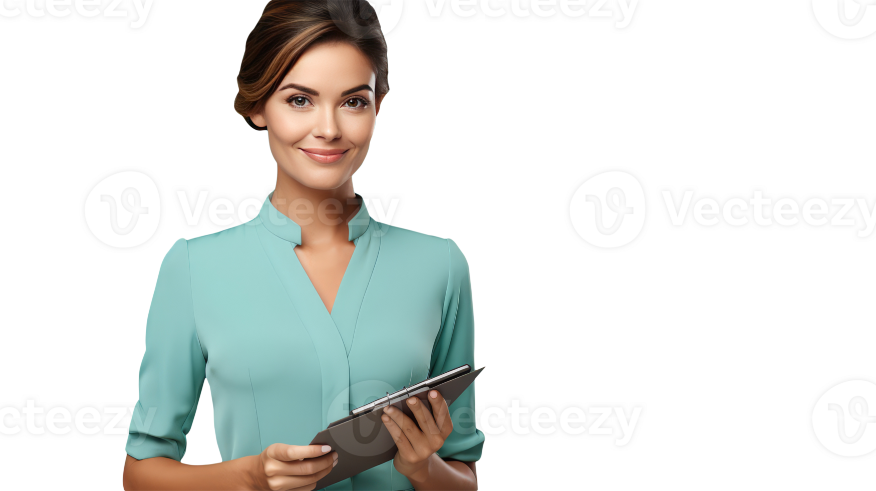 Cute Smiling Young Woman Holding Notepad in Turqoise T-shirt. A Fictitious Character Created By . png