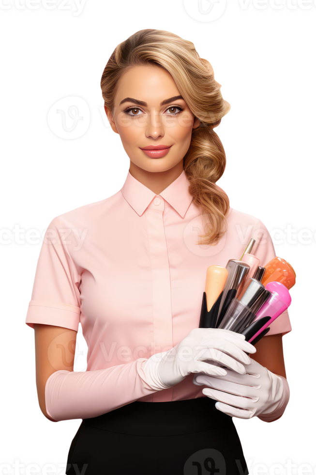 Makeup Artist Female Holding Tools with Golden Hair in Pink Shirt. A Fictitious Character Created By . png