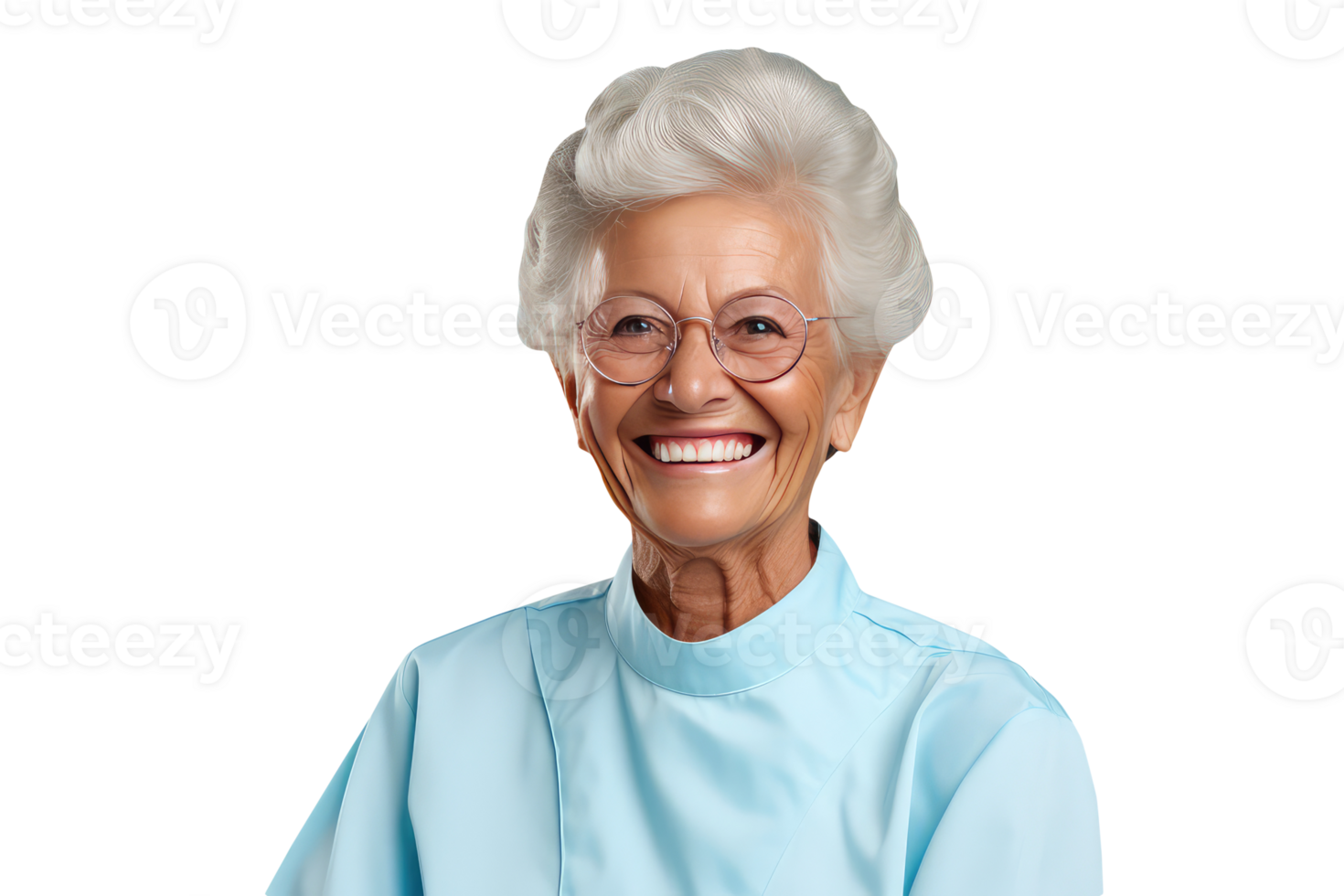 Cute Smiling Old Woman with Bright Teeth in Light Blue T-shirt. A Fictitious Character Created By . png