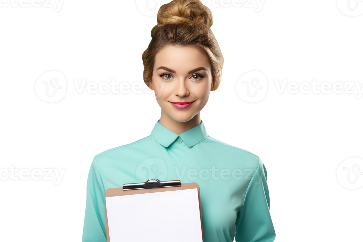 Portrait of Blonde Young Woman Holding Clipboard with Golden Hair in Turqoise Shirt. A Fictitious Character Created By . png