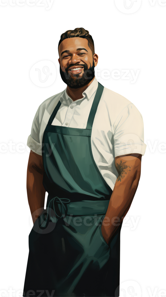 Charming Cheerful Cheery Young Man Wearing Uniform as Shirt with Apron. A Fictitious Character Created By . png