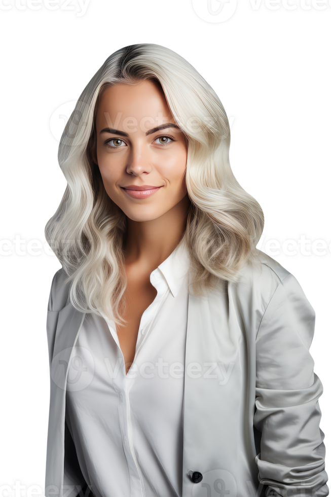 Smiling Young Woman with Grey Hair in Coat and Shirt. A Fictitious Character Created By . png