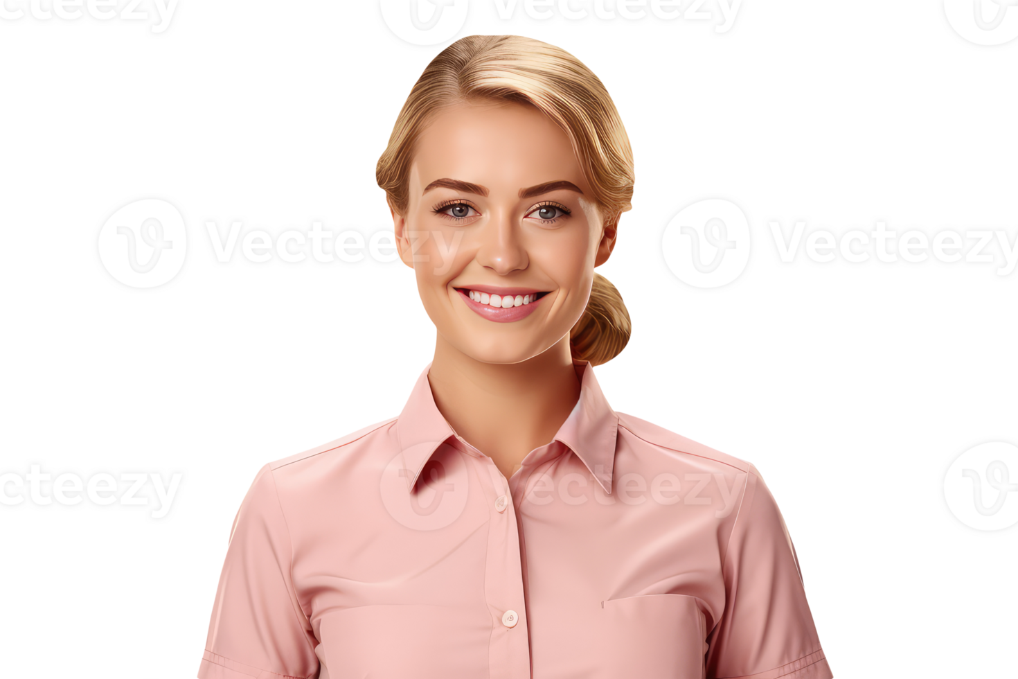 Smiling Young Woman Wearing Light Pink Shirt and Golden Hair. A Fictitious Character Created By . png