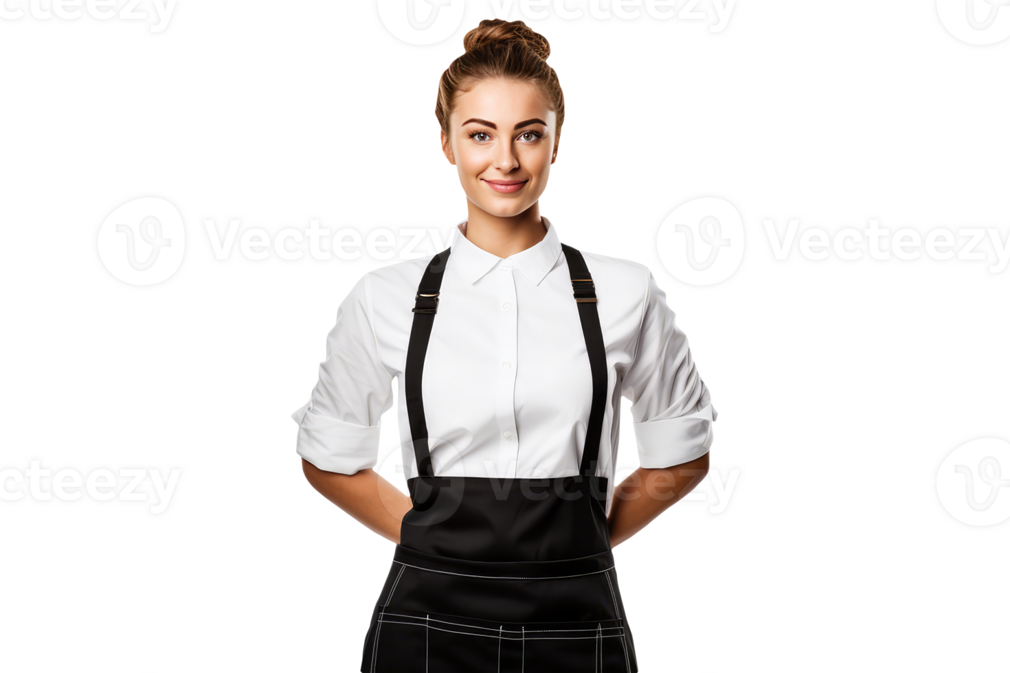 Beautiful Smiling Young Woman Wearing Dungarees In Black and White Color. A Fictitious Character Created By . png