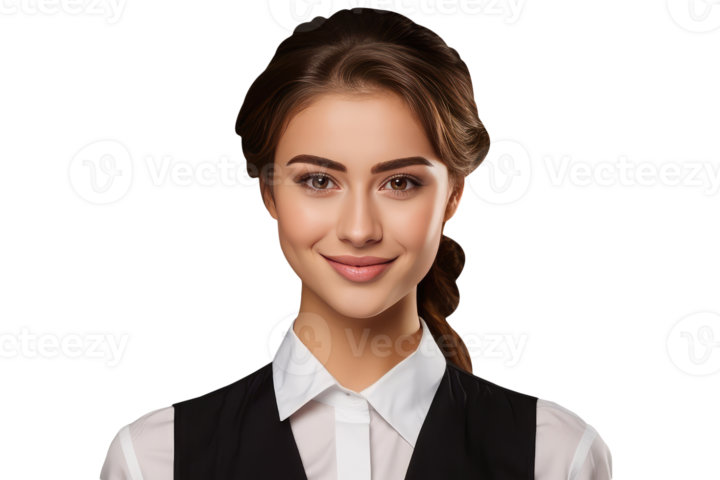 Bright Smiling Young Woman Wearing Black Coat with White Shirt and Golden Hair. A Fictitious Character Created By . png