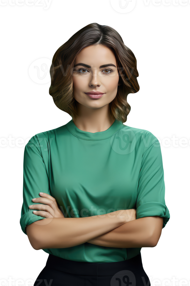 Side View of Smiling Young Woman Wearing Turquoise Shirt and Golden Hair. A Fictitious Character Created By . png
